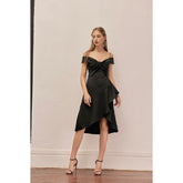 Off-shoulder silk midi dress with asymmetric hem and draped ruffle detail for evening elegance